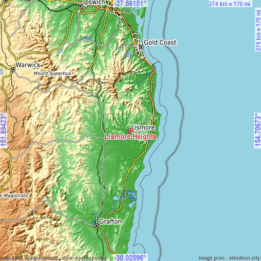 Topographic map of Lismore Heights