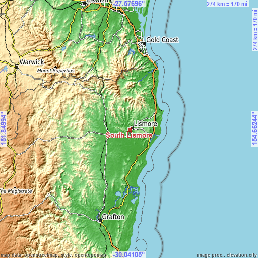 Topographic map of South Lismore