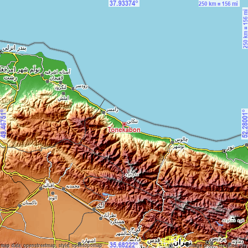 Topographic map of Tonekābon