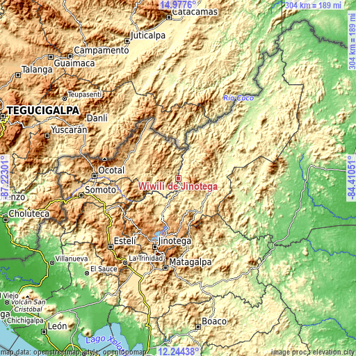 Topographic map of Wiwilí de Jinotega