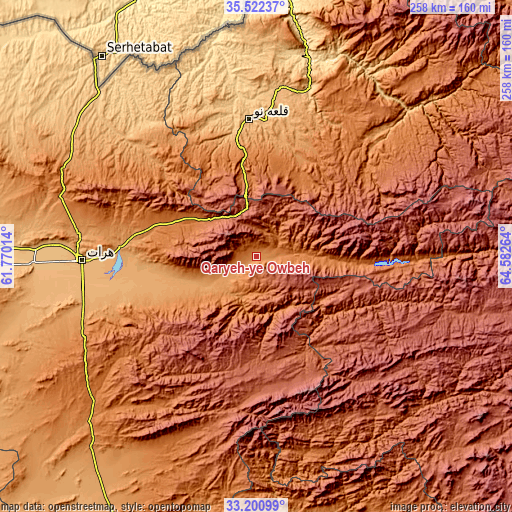 Topographic map of Qaryeh-ye Owbeh