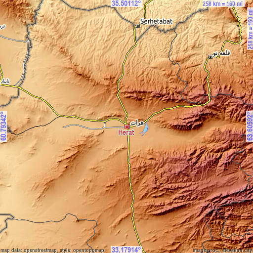 Topographic map of Herāt