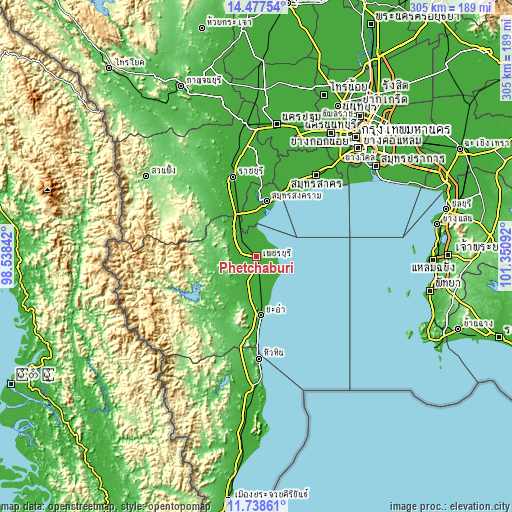 Topographic map of Phetchaburi
