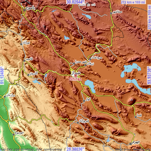 Topographic map of Shiraz