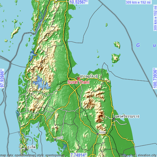 Topographic map of Surat Thani