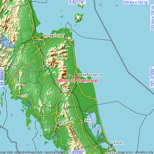 Topographic map of Nakhon Si Thammarat