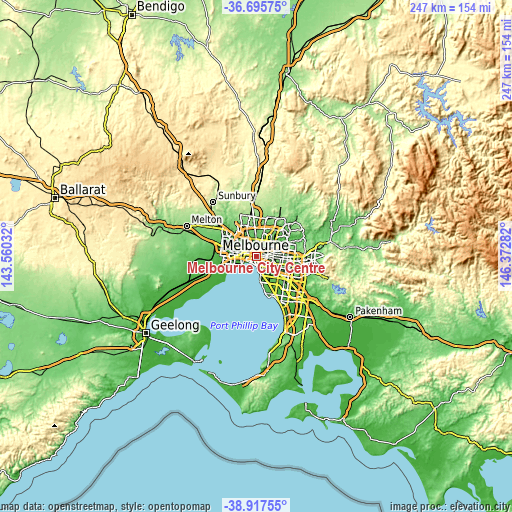 Topographic map of Melbourne City Centre