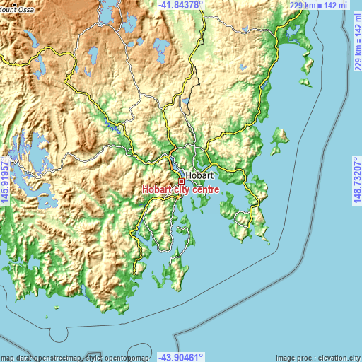 Topographic map of Hobart city centre
