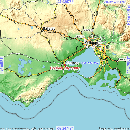 Topographic map of Geelong city centre