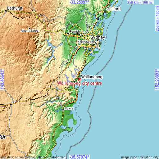 Topographic map of Wollongong city centre
