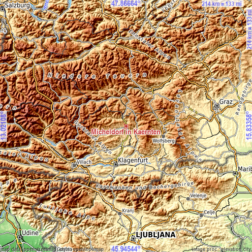 Topographic map of Micheldorf in Kärnten