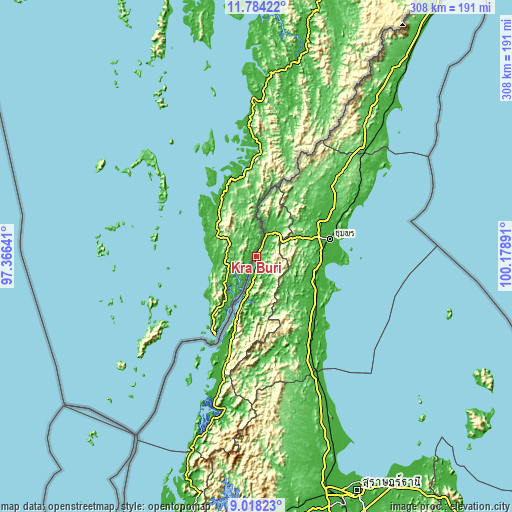 Topographic map of Kra Buri