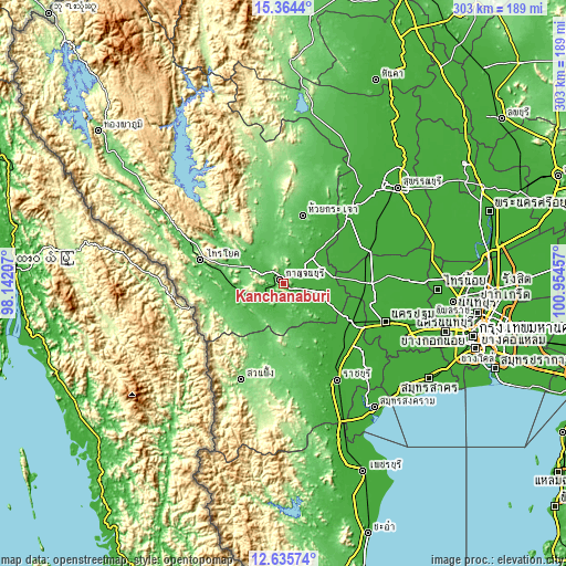 Topographic map of Kanchanaburi