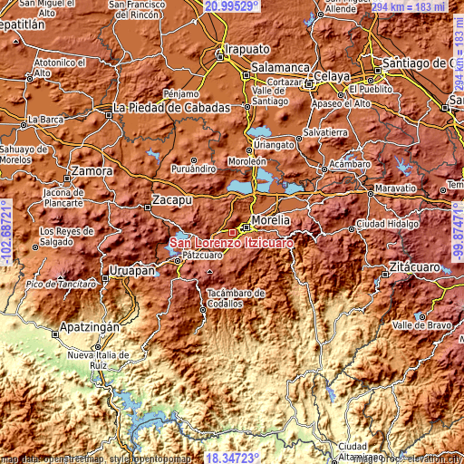 Topographic map of San Lorenzo Itzícuaro