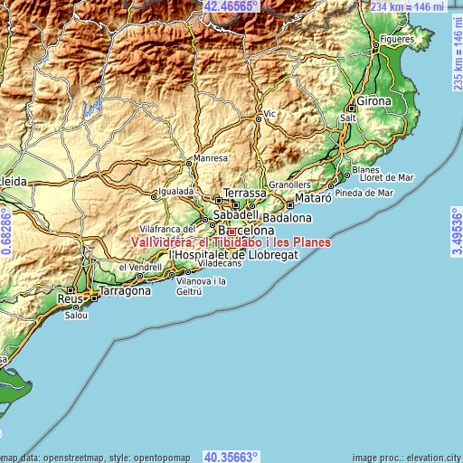 Topographic map of Vallvidrera, el Tibidabo i les Planes