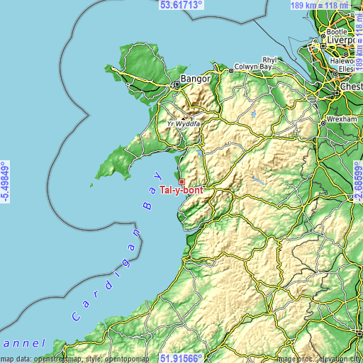 Topographic map of Tal-y-bont