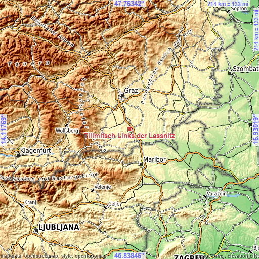 Topographic map of Tillmitsch Links der Laßnitz