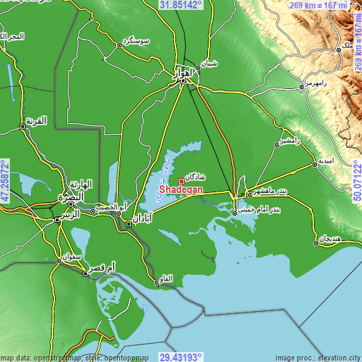 Topographic map of Shādegān