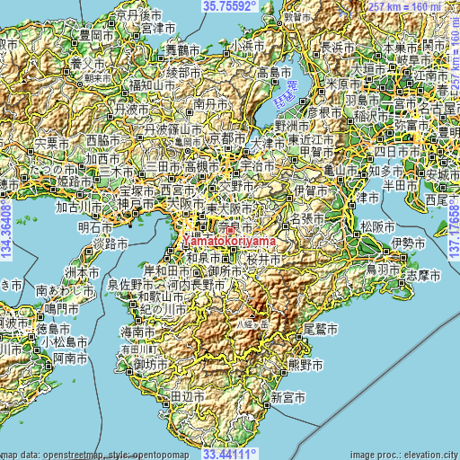 Topographic map of Yamatokōriyama