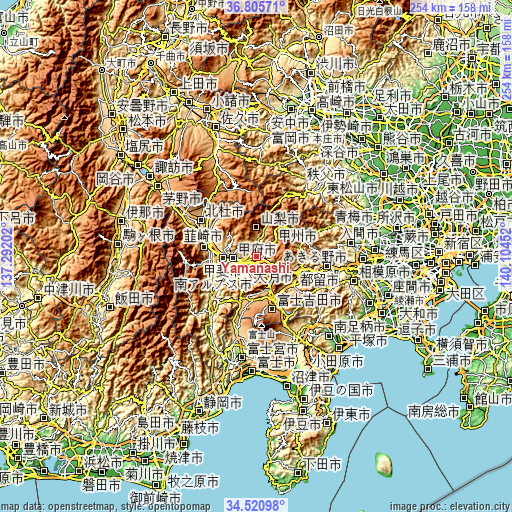 Topographic map of Yamanashi
