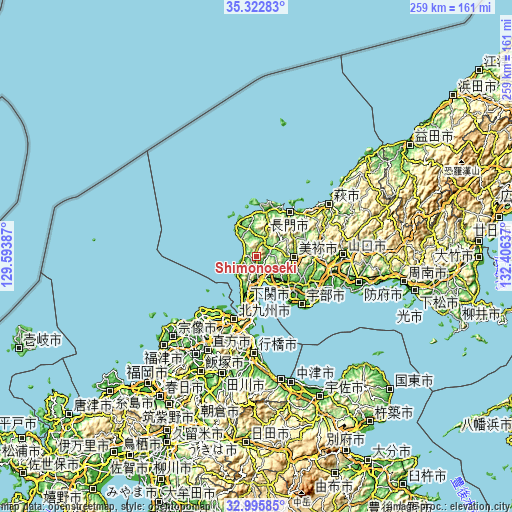 Topographic map of Shimonoseki