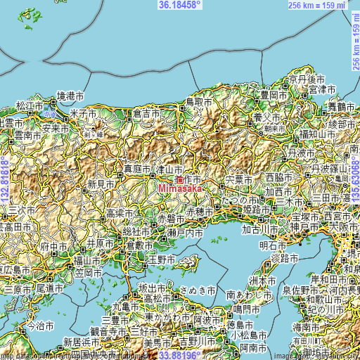 Topographic map of Mimasaka