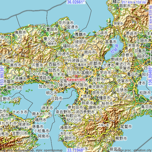 Topographic map of Kawanishi