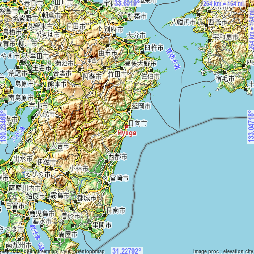 Topographic map of Hyūga