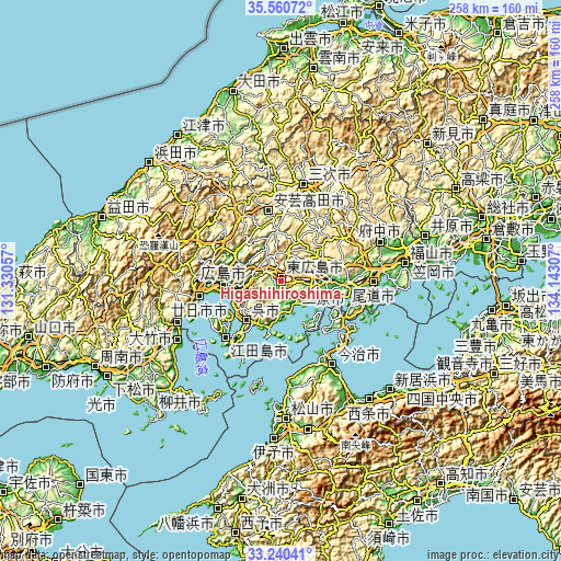 Topographic map of Higashihiroshima