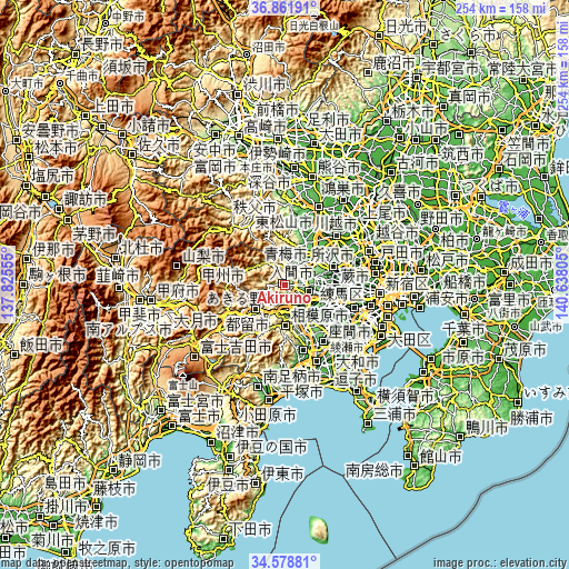 Topographic map of Akiruno
