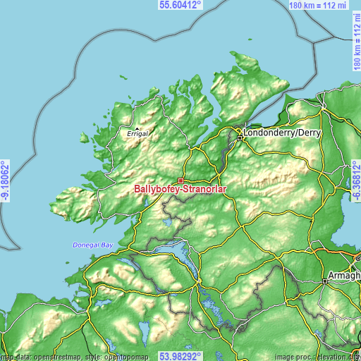 Topographic map of Ballybofey-Stranorlar