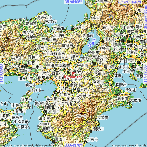 Topographic map of Kyōtanabe