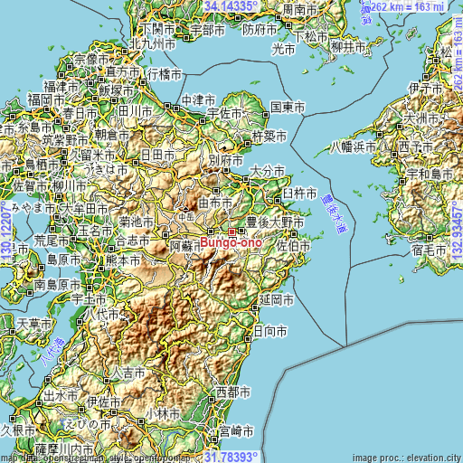 Topographic map of Bungo-ōno