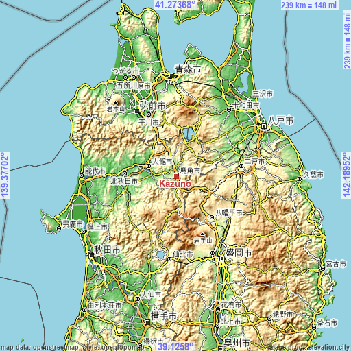 Topographic map of Kazuno