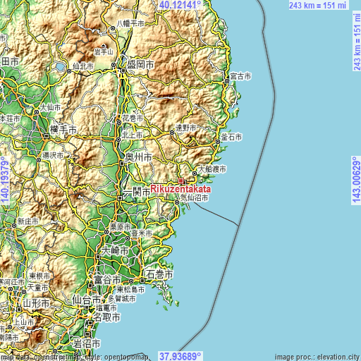 Topographic map of Rikuzentakata