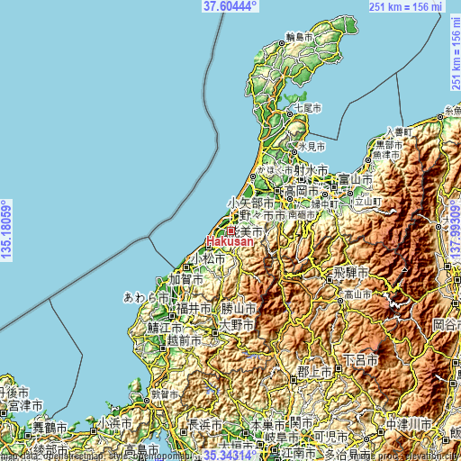 Topographic map of Hakusan