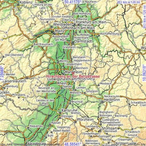 Topographic map of Hirschberg an der Bergstraße