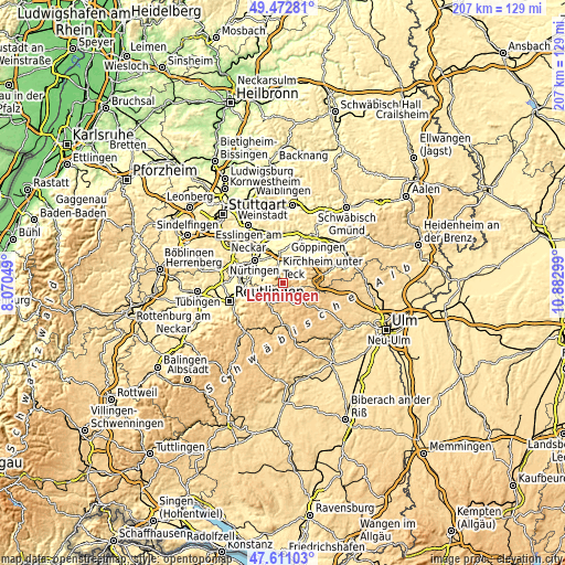 Topographic map of Lenningen