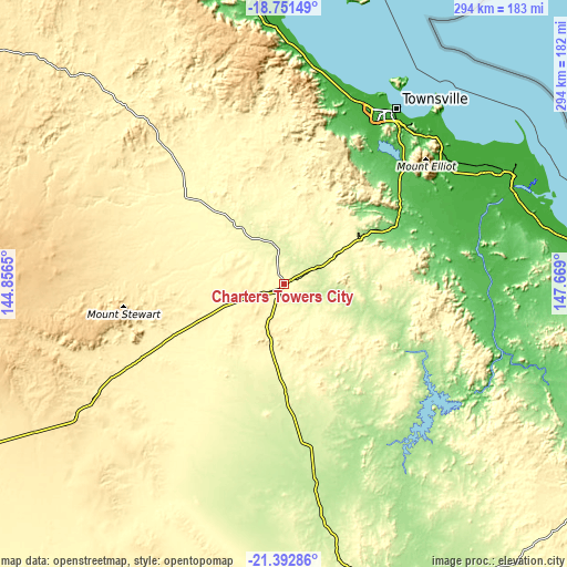 Topographic map of Charters Towers City