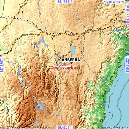 Topographic map of Queanbeyan East