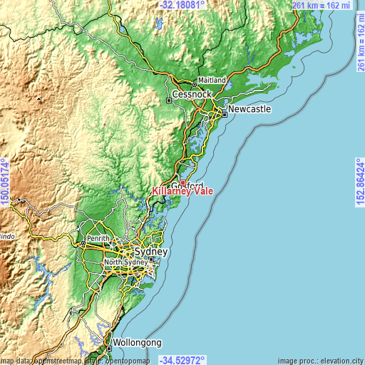 Topographic map of Killarney Vale