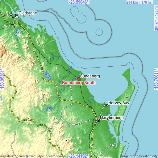 Topographic map of Bundaberg South
