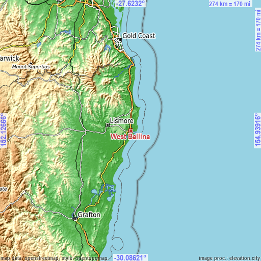 Topographic map of West Ballina