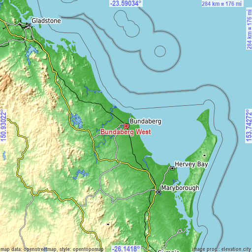 Topographic map of Bundaberg West