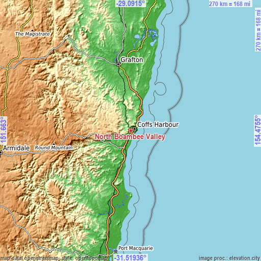 Topographic map of North Boambee Valley