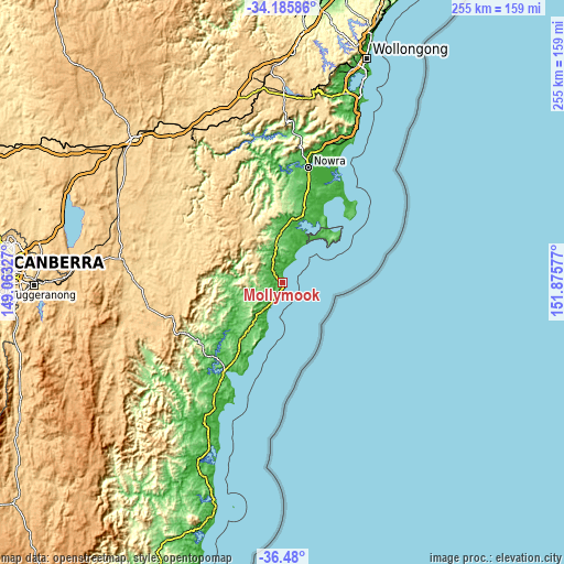 Topographic map of Mollymook