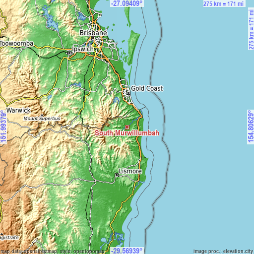 Topographic map of South Murwillumbah