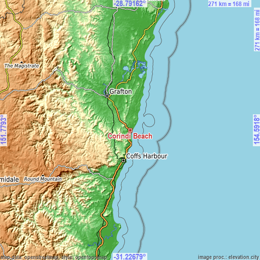 Topographic map of Corindi Beach