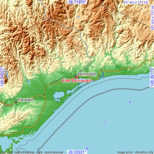 Topographic map of East Bairnsdale