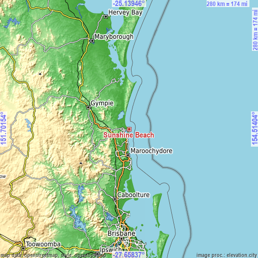 Topographic map of Sunshine Beach